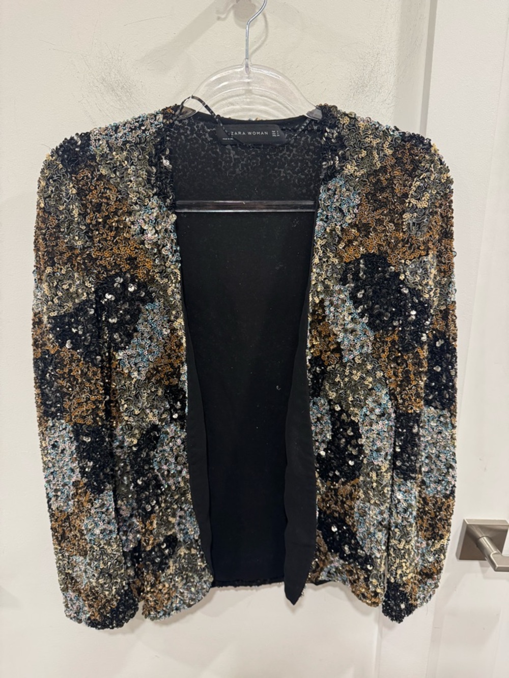Zara Sequined Open-Front Jacket in Black, Gold, Blue
